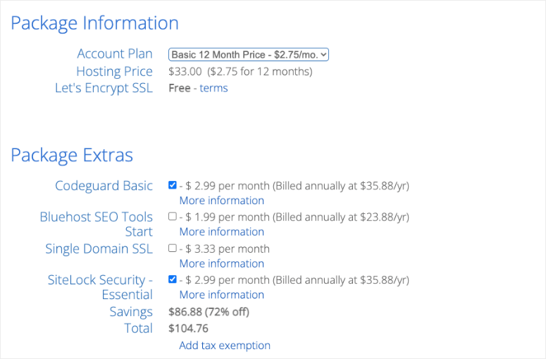 快速搭建 WordPress 网站（5 个简单步骤）如何从零开始制作网站 bluehost-package-information20251123_ -17