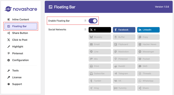 如何在 WordPress 中添加社交分享按钮（4 种简单方法） socialshare-novashare-floating-bar120251114_ -13