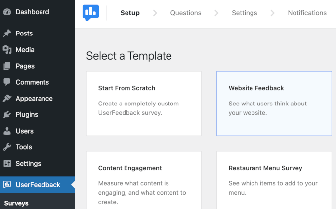 9款最佳WordPress联系表单插件,精选的5款 userfeedback-survey-addnew-selecttemplate-websitefeedback20251114_ -16 9款最佳WordPress联系表单插件,精选的5款 userfeedback-survey-addnew-selecttemplate-websitefeedback20251114_ -16