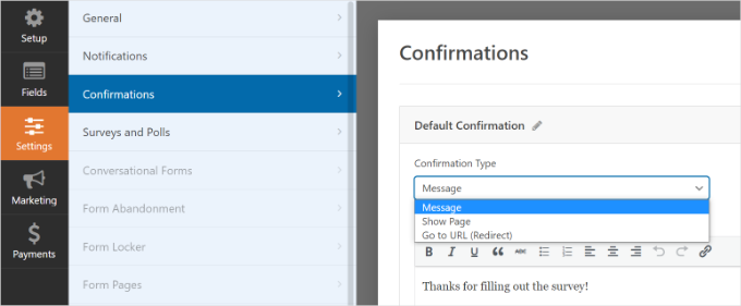 如何在 WordPress 中创建感谢页面 wpforms-edit-survey-form-confirmation-settings20251114_ -11 如何在 WordPress 中创建感谢页面 wpforms-edit-survey-form-confirmation-settings20251114_ -11