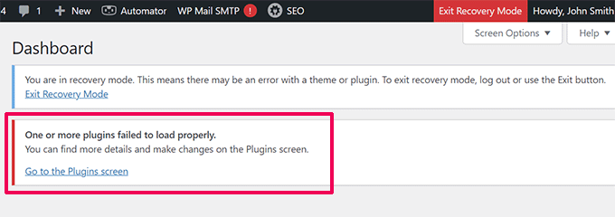 如何修复 WordPress 白屏死机问题（分步指南） wp-recovery-mode-dashboard20251201_ -6